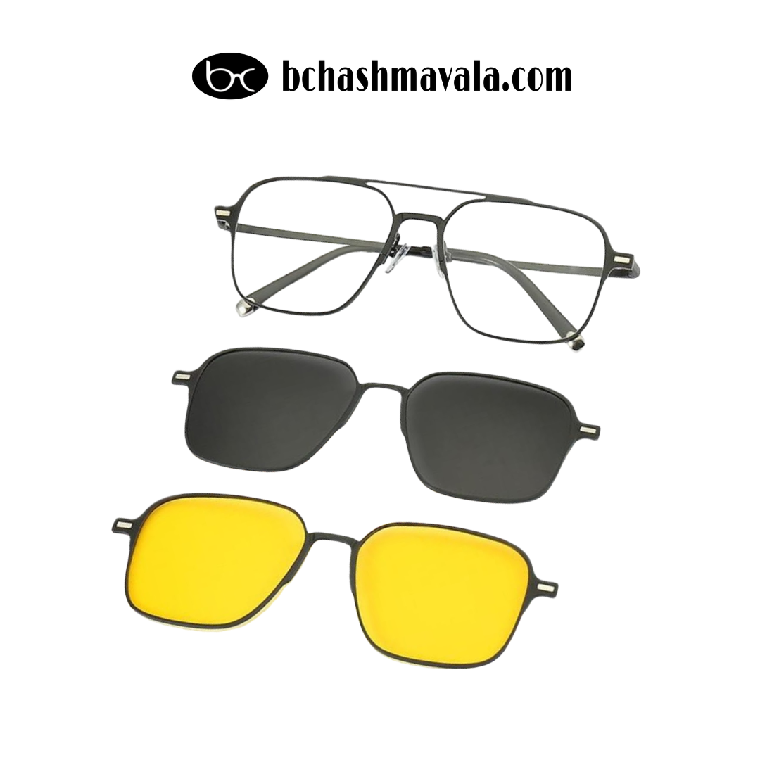 Black Square metal magnetic clip-on eyeglasses bchashmavala